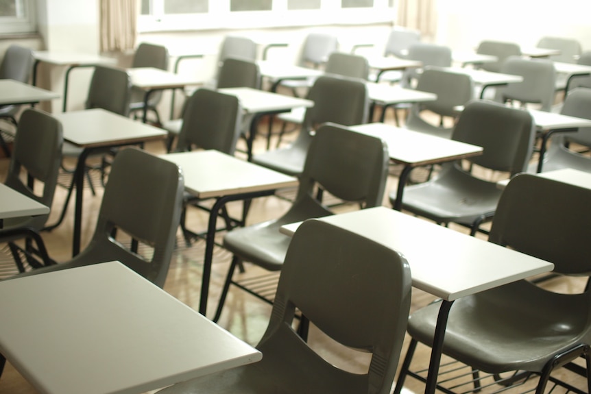 Rows of empty classroom chairs.