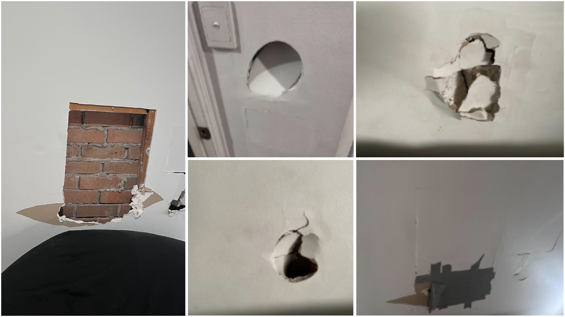 A combined image of five photos of holes in walls.