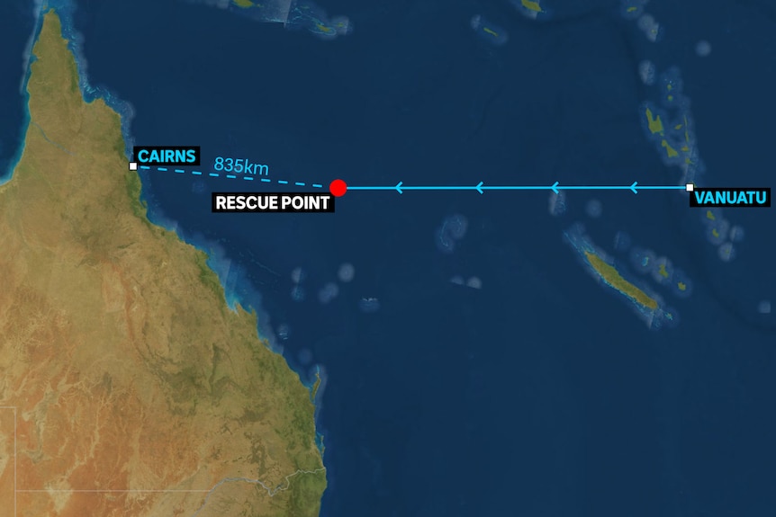 A map of Queensland shows the ocean location of where the sailors were rescued.