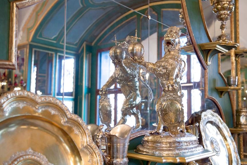 Photo shows parts of the collection at Silver Gilt Room, Silbervergoldete Zimmer, inside Dresden's Green Vault in Dresden.