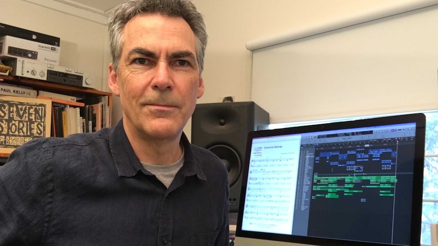 Adelaide composer Glyn Lehmann in his home recording studio.