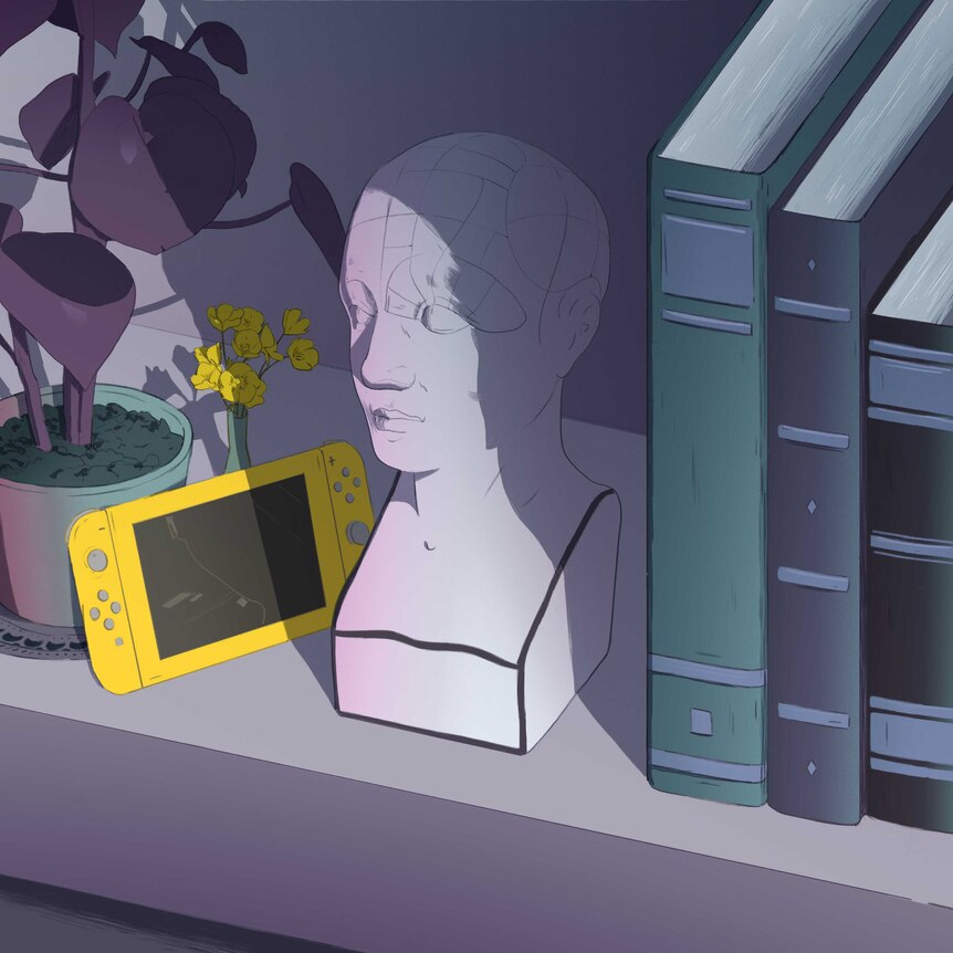 A bookshelf with a plant, computer game and an anatomical model.