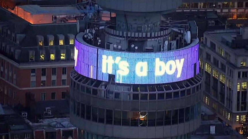 Royal baby birth announced on top of BT Tower in central London.