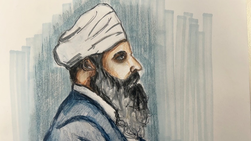 An artists side-view sketch of a man wearing a turban.