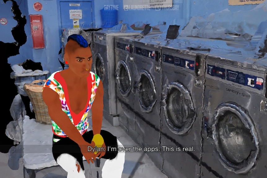 A glitchy computer generate image of a man in a colourful outfit sitting in a laundromat
