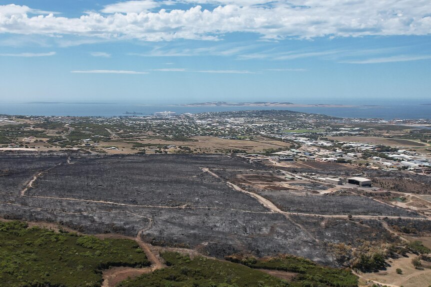 Aerial drone photo showing green foreground, burnt land in middle and city then ocean in background