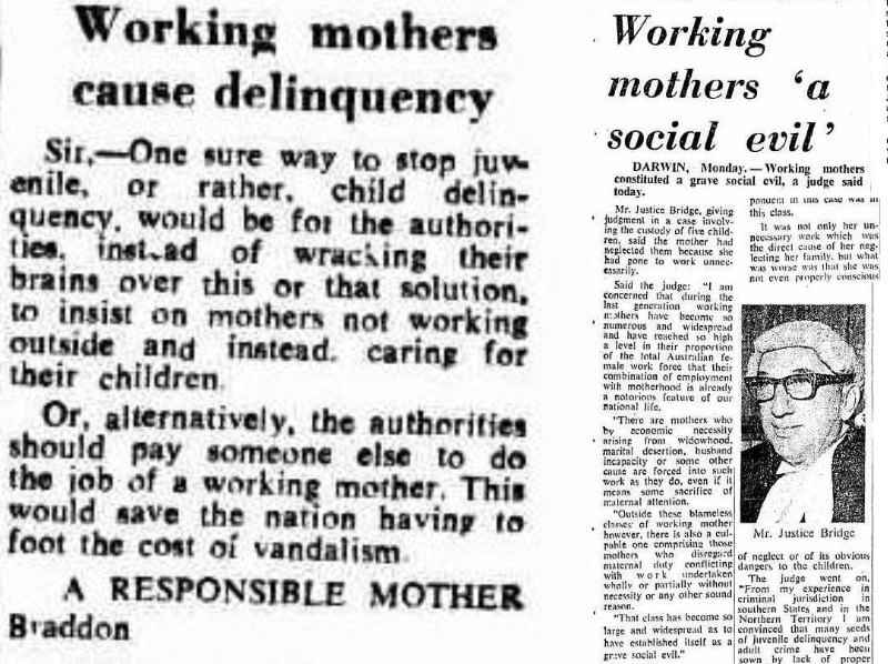 Two archive stories with the headlines 'Working mothers cause delinquency' and 'Working mothers a social evil'