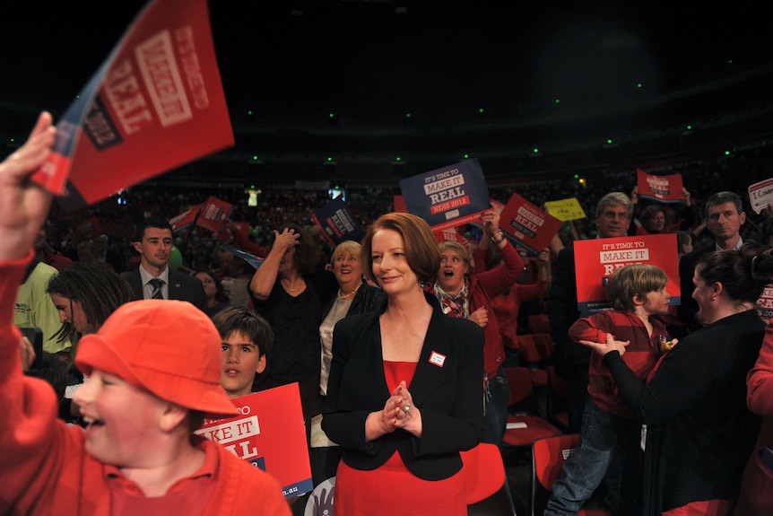 Prime Minister Julia Gillard attends a disability rally in Sydney on Monday, April 30, 2012.