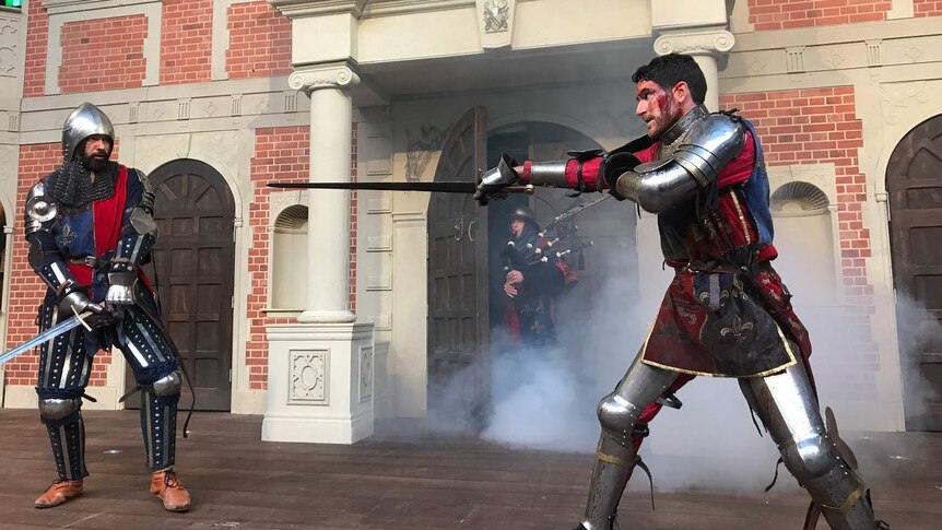 Actors rehears Henry V at the replica Globe Theatre in Melbourne.
