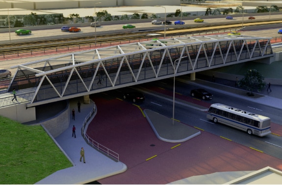An artists impression of a covered pathway with pedestrians walking through it with cars on the road, in the background.