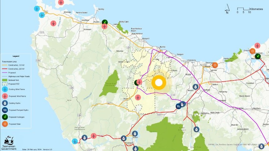 A map of the north west of Tasmania with symbols on it to show proposed renewable energy plans.