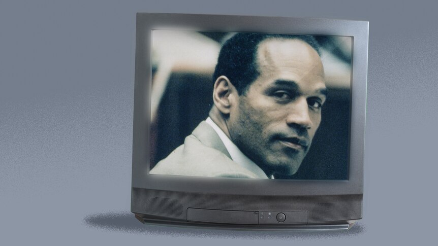 A photo of OJ Simpson at his trial in the 90s on an old-school TV screen