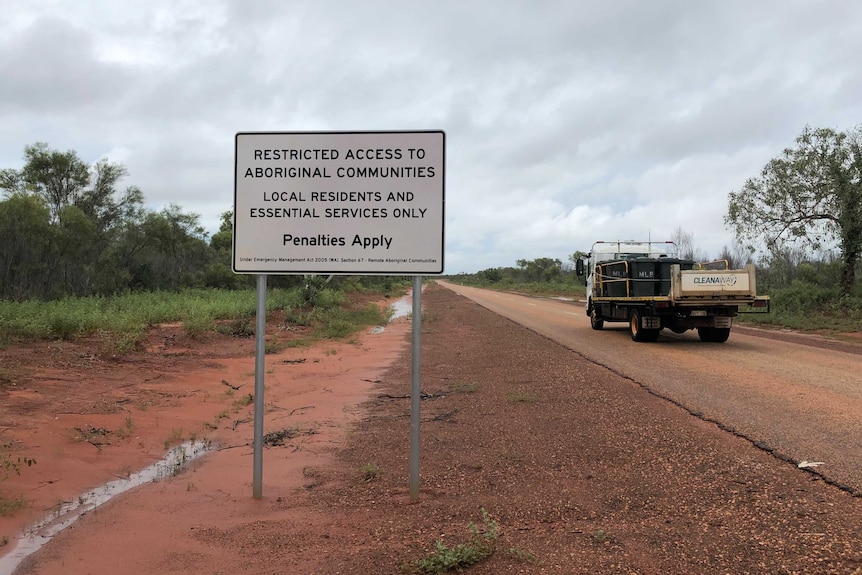 A sign on the Cape Leveque Road warning of restricted access to Aboriginal communities.