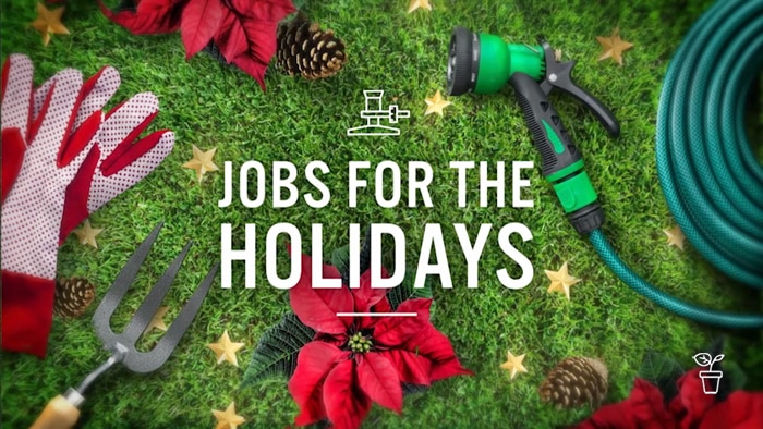 Graphic with lawn with gardening gloves and tools and text 'Jobs for the Holidays'