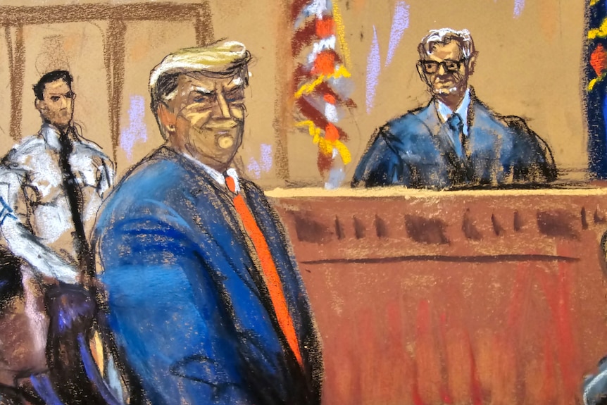 Donald Trump is drawn smiling. A judge is seen behind him. A guard stands in the corner.