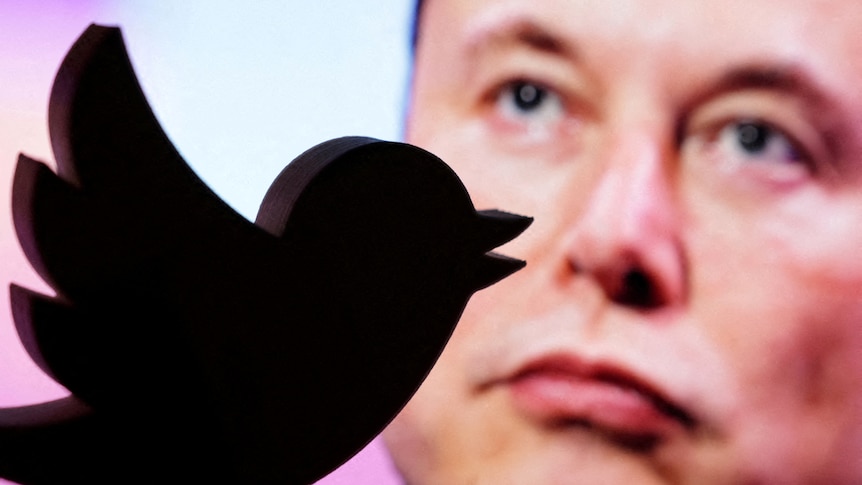 A close-up photo of a 3D-printed version of Twitter's bird silhouette logo, with Elon Musk's face in the background.
