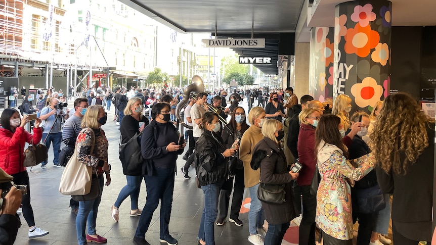 Shops and customers in Bourke Street mall in Melbourne.