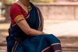 A woman wears a gold, red and navy saree and ornate necklace.