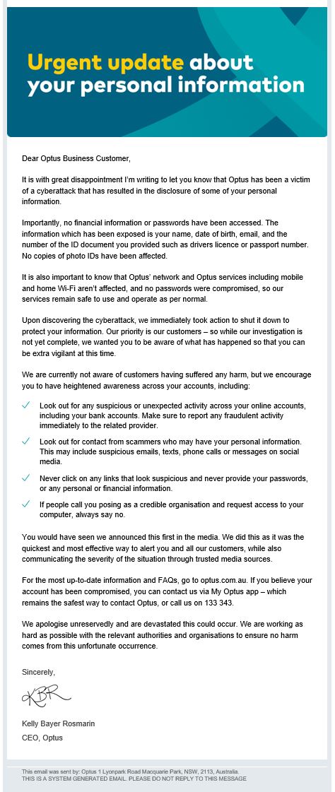 A screenshot of an email from Optus informing a customer their data had been illegally accessed. 