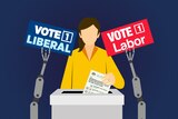 a graphic of a woman casting a ballot while robotic arms holding campaign logos surround her