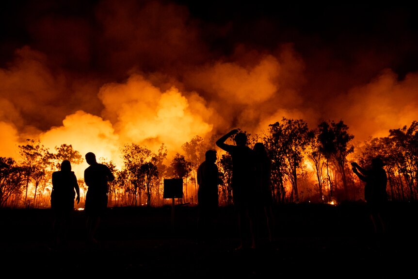 People are silhouetted against the light of a large fire at night time.