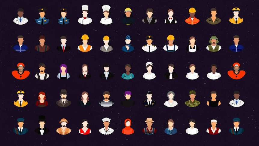 A grid of 55 symbols each depicting a worker in an industry. From cooks to musicians, pilots to football players.