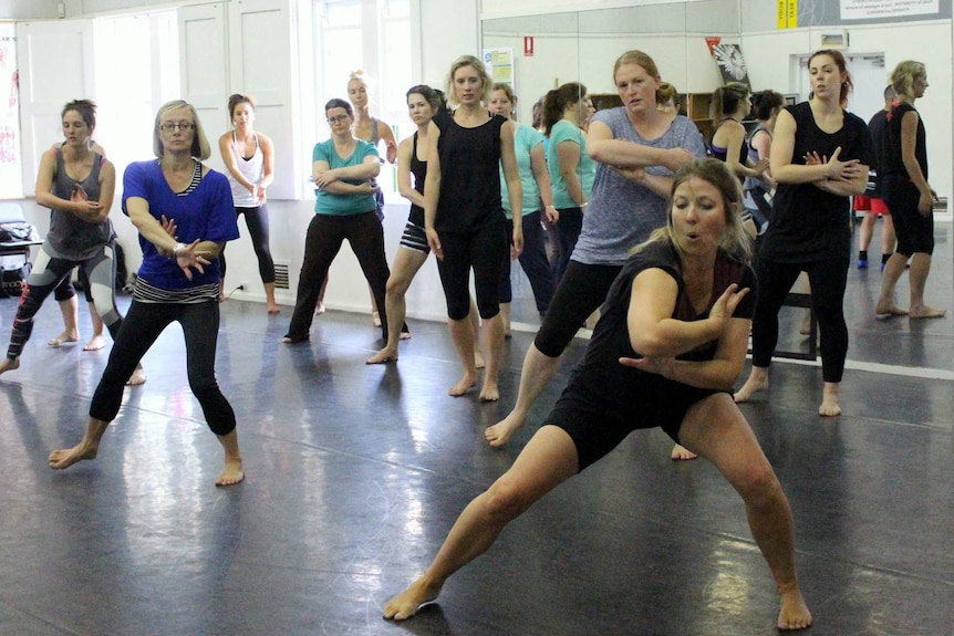 Dancer and choreographer Sarah Boulter teaching a dance workshop in Canberra.