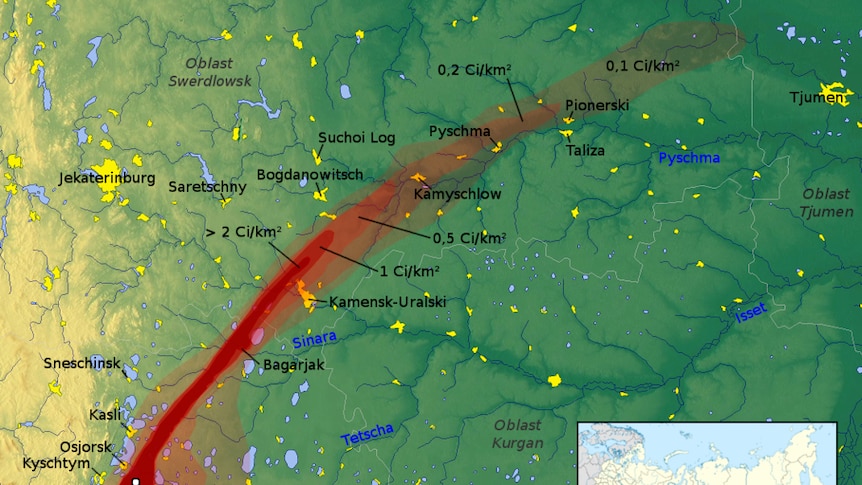 A map of the East Urals Radioactive Trace, with the land in green and radioactive fallout in red.