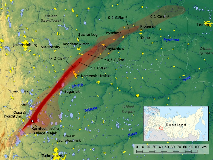 A map of the East Urals Radioactive Trace, with the land in green and radioactive fallout in red.