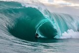 A surfer pulls into a huge, glassy barrel.