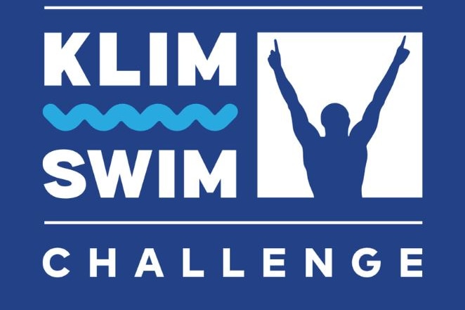 A blue and white logo with the words 'Brainwave Klim Swim Challenge' and the silhouette of a figure with fingers pointed up.