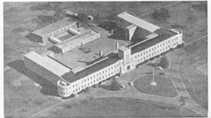 Black and white photographed aerial view of art deco building