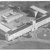 Black and white photographed aerial view of art deco building