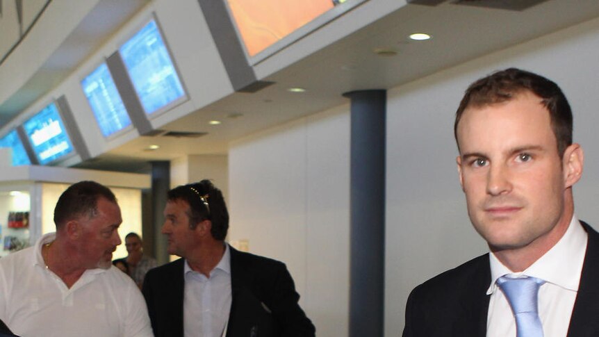 Touching down ... England captain Andrew Strauss arriving in Perth