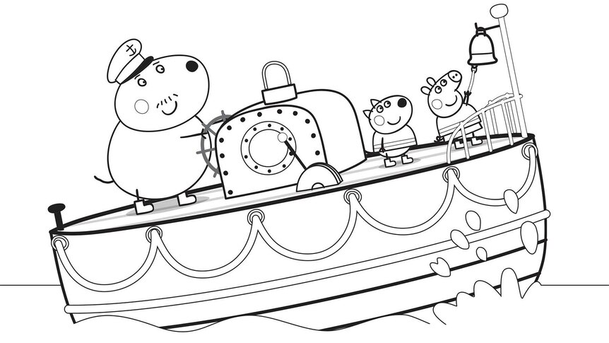 Peppa Pig, Danny Dog and Captain Daddy Dog on a boat