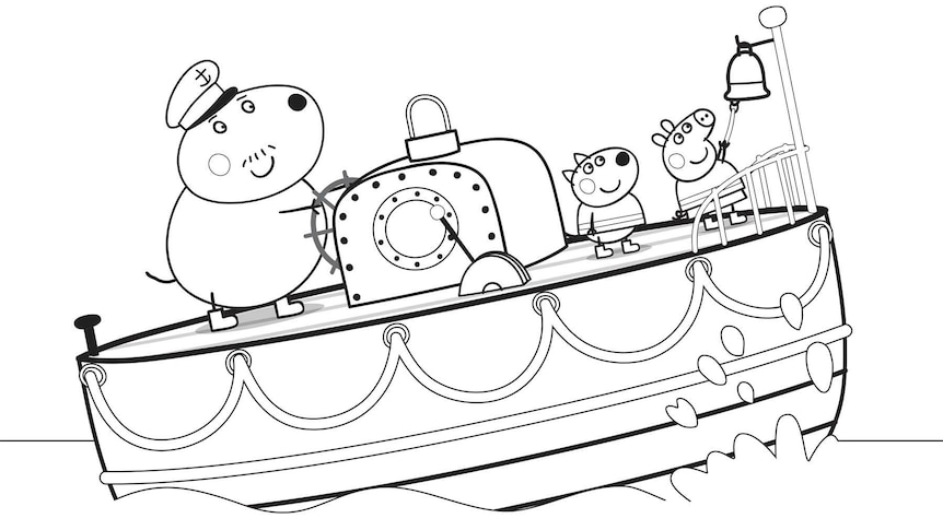 Peppa Pig, Danny Dog and Captain Daddy Dog on a boat