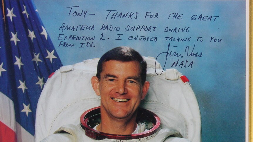 A signed photo from Jim Voss with the words, Tony - 'thanks for the great amateur radio support during Expedition 2'.