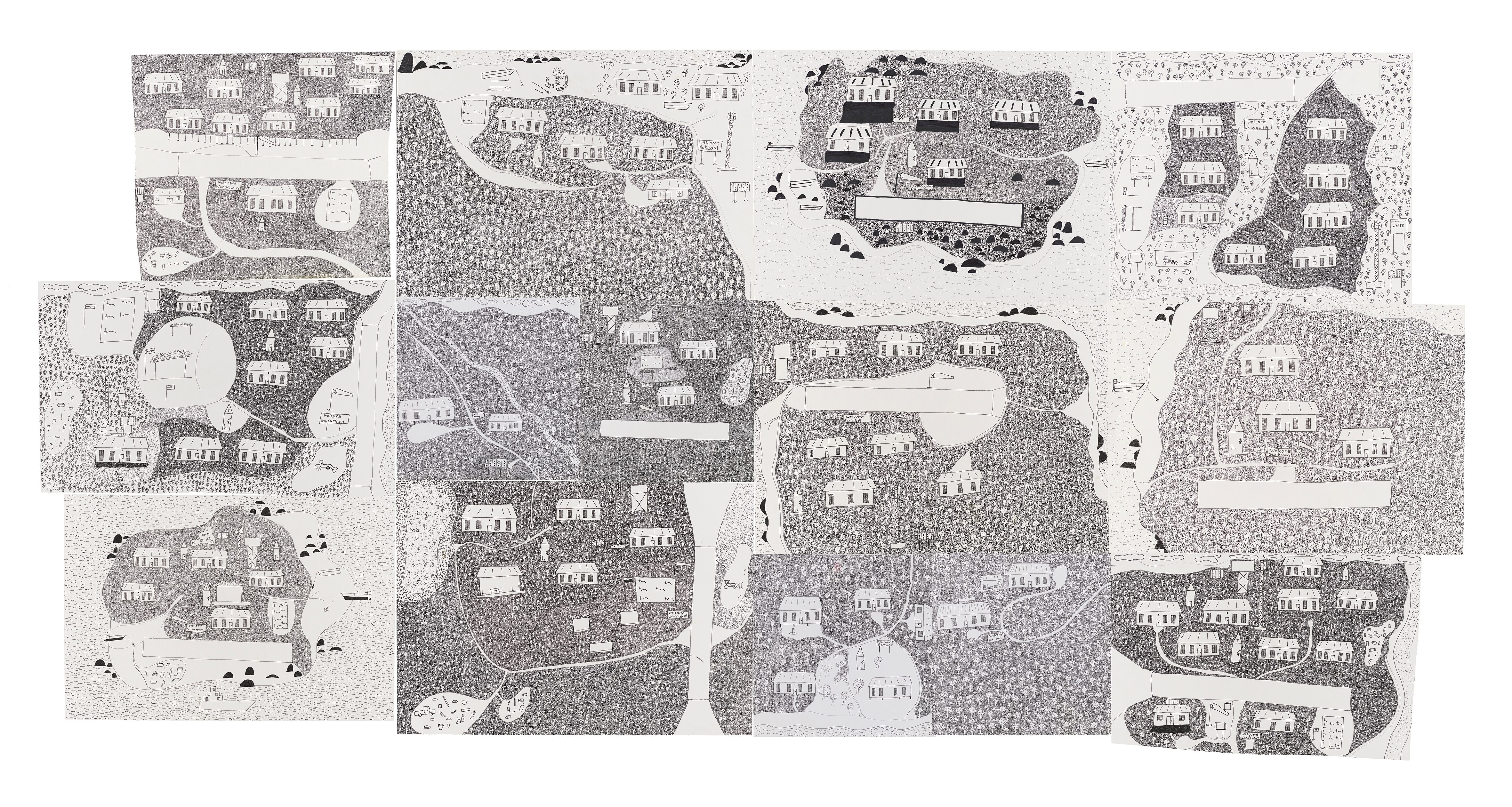 A series of drawings on paper depicting small communities