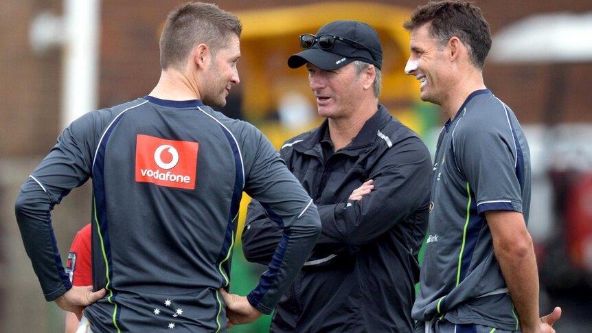 Michael Clarke, Steve Waugh and Mike Hussey speak during a nets session at the SCG.