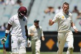 Peter Siddle celebrates the wicket of Darren Bravo