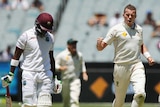 Australia's Peter Siddle celebrates the wicket of West Indies' Darren Bravo at the MCG.