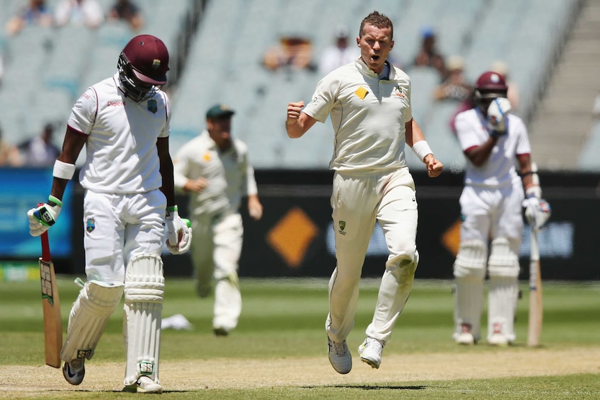 Peter Siddle celebrates the wicket of Darren Bravo