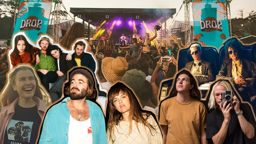 A collage of The Drop festival's 2019 line-up: The Jungle Giants, Alex The Astronaut, Angus & Julia Stone, Hockey Dad, more