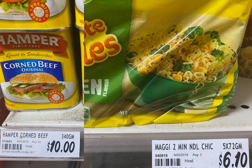 A combined image showing two grocery items. One, tin of corned beef, is $10. Five packets of instant noodles are $6.10.