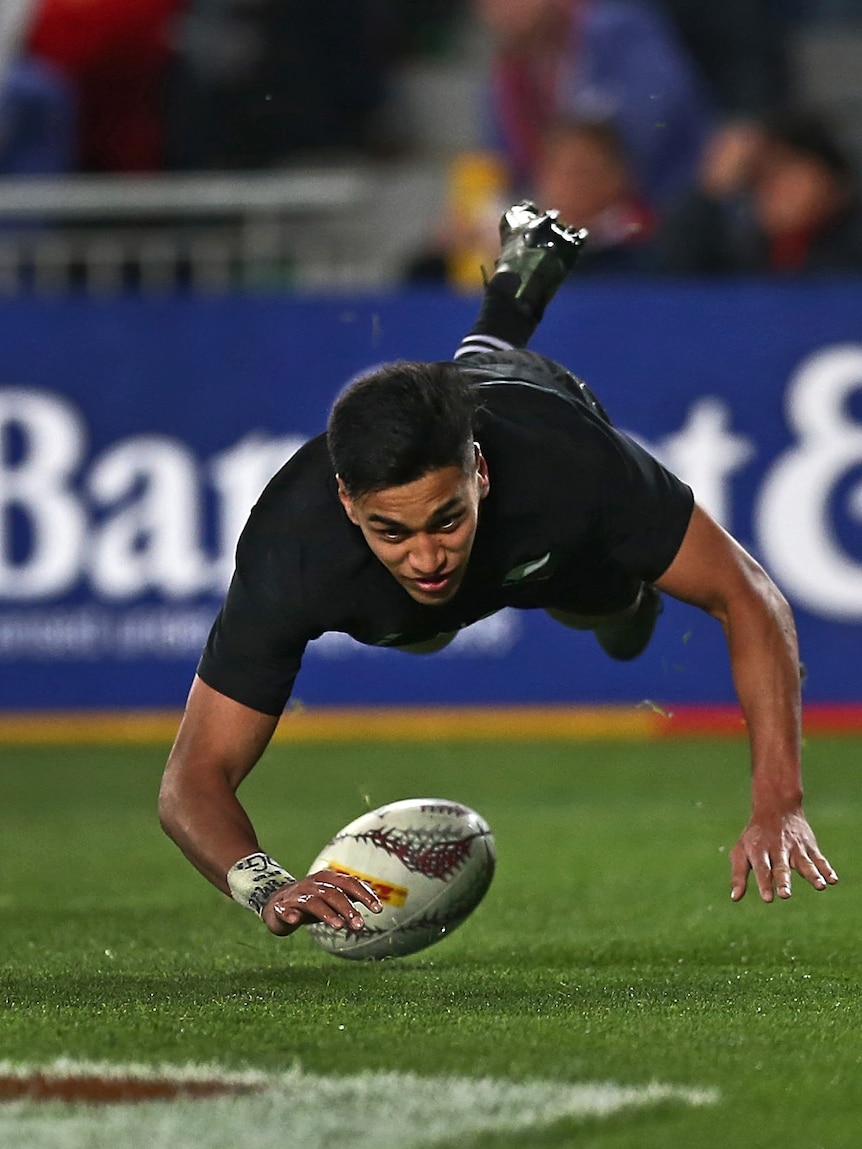 New Zealand's Rieko Ioane scores for the All Blacks against the Lions