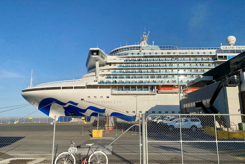 A large cruise ship docks at a harbour