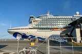 A large cruise ship docks at a harbour