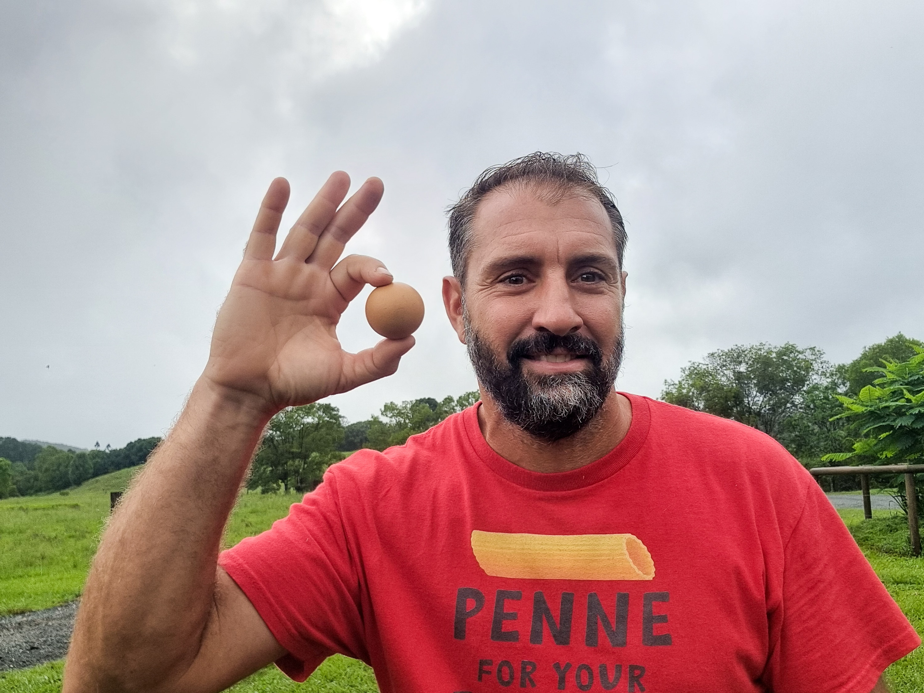 A man with a black and grey bear wearing a red shirt holds a round egg in his fingers.