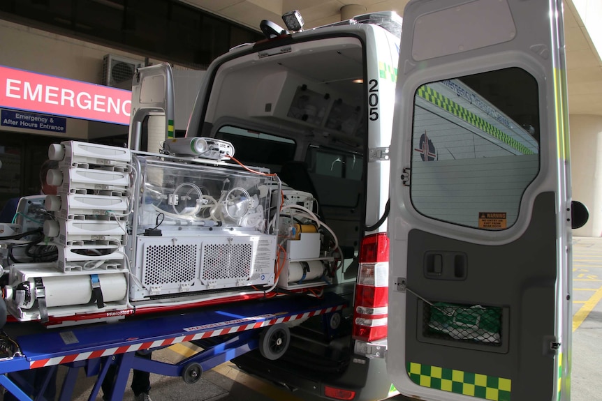 A neonatal transport cot at the back of an ambulance outside Princess Margaret Hospital.