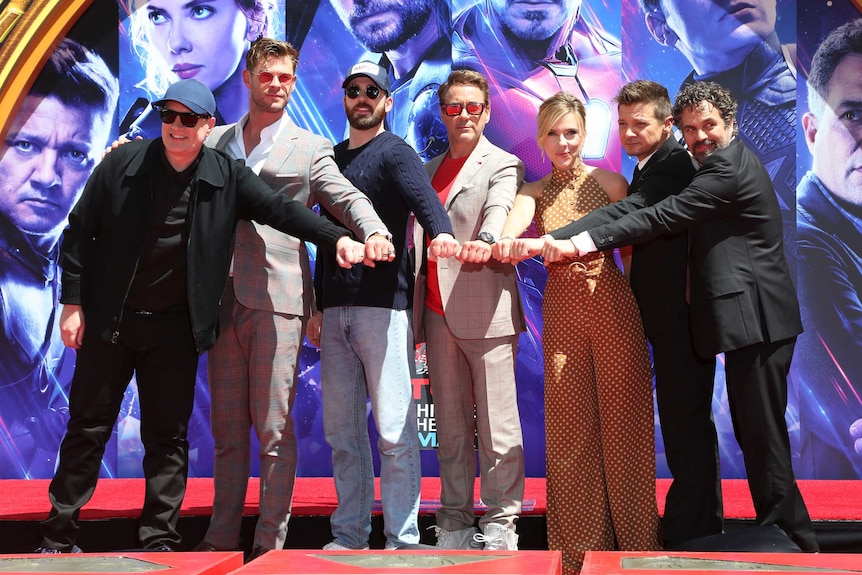 Marvel Studios president Kevin Feige with the cast of Avengers: Endgame